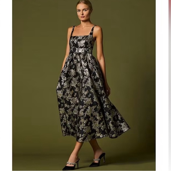 Antonio Melani Black and Gold Metallic A-line Midi Dress - Picture 2 of 8